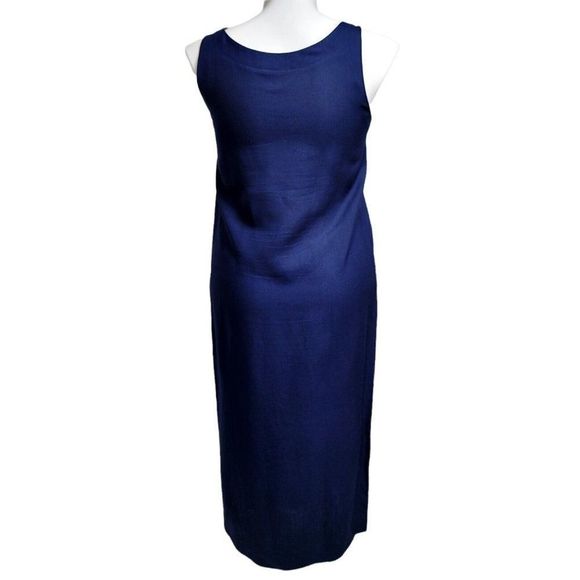 Vintage 80s Albert Nipon Womens Navy Blue Linen Tank Midi Dress Side Seam Button - Picture 6 of 8